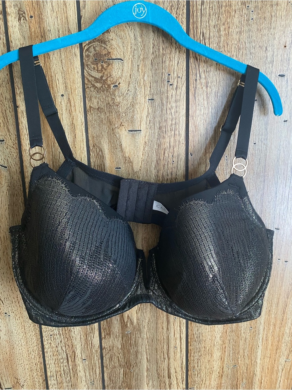 Cacique Lightly Lined Balconette Bra 44DDD Black Gold Metallic Lace Underwire